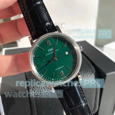 AAA Copy IWC Portofino Green Dial Diamond Bezel Leather Strap Watch 